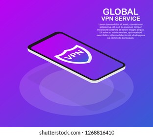 VPN connectivity. Secure virtual private network connection concept. Isometric vector stock illustration in ultraviolet colors.