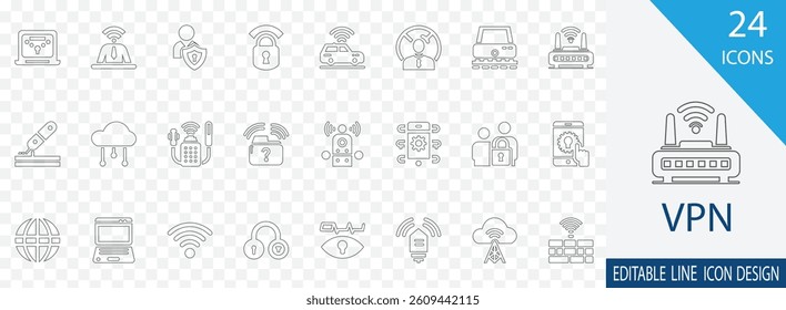 VPN editable line icon set. Containing  Privacy, Network, Protection, Internet, Connection, Encryption and more  symbols