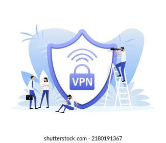 VPN flat blue secure badge on white background. Flat style characters.Vector illustration.