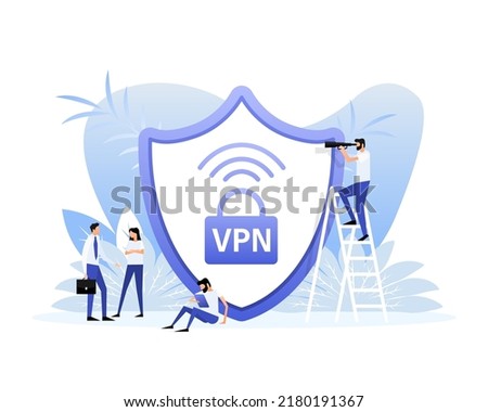 VPN flat blue secure badge on white background. Flat style characters.Vector illustration.
