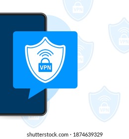 VPN flat blue secure label on white background. Vector illustration.