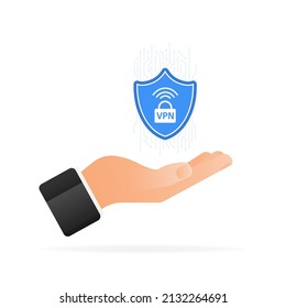 VPN flat blue secure label in hand on white background. Vector illustration