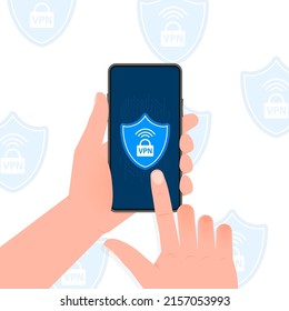 VPN flach blaues, sicheres Etikett auf weißem Hintergrund. Vektorgrafik