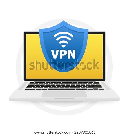 VPN flat blue secure label on white background. VPN service. Laptop with secure VPN connection concept. Virtual private network. Cyber security. Vector illustration