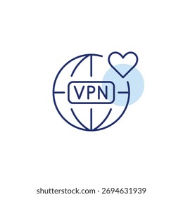 VPN, globo y corazón. Servicios seguros y de confianza, conexión protegida. Icono de Vector de trazo perfecto y editable