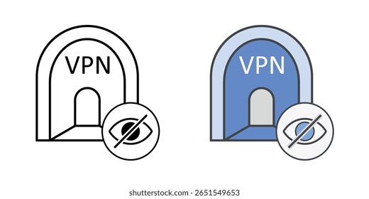 VPN hidden path icon with curved tunnel and small hidden eye symbol, ideal for anonymous browsing, online security, and virtual private network privacy illustrations.