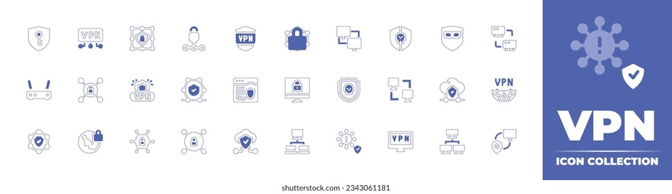 VPN icon collection. Duotone style line stroke and bold. Vector illustration. Containing vpn, computer, encrypt, connection, antivirus, local network, router, secure, shield, share, clou, and more.