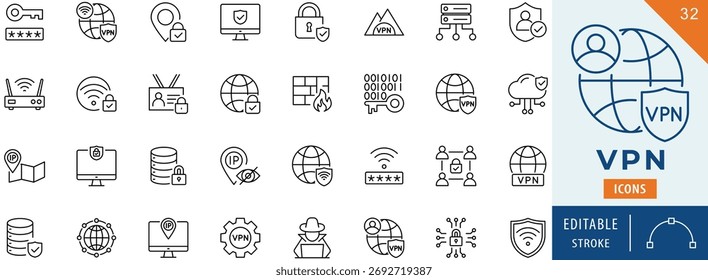 VPN icon collection set. Editable stroke.