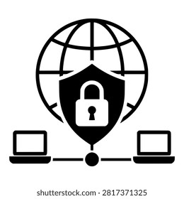 VPN Icon with Globe, Shield Padlock and Connected Laptops for Secure Private Network and Encrypted Connection