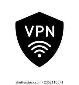 Vpn icon. Internet Security Concept. Simple shield with Protection wi-fi symbol and Virtual Private Network. Active safety. Firewall. Solid style Vector illustration. Design on white background EPS 10