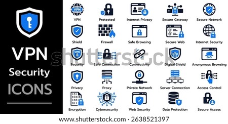 VPN icon set. Containing secure connection, privacy, cybersecurity, encrypted, proxy, firewall, online protection for technology . Solid vector icons collection