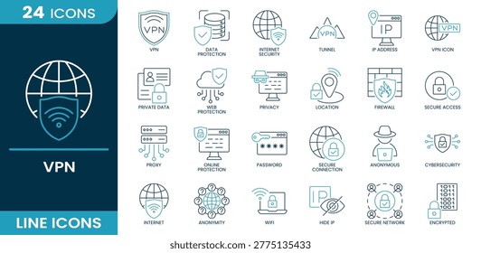 VPN icon set. vpn, data protection, internet security, tunnel, ip address, vpn icon, private data, web protection, privacy, location, firewall, secure access, proxy, online protection, password, secure connection, anonymous, cybersecurity, internet, anonymity, wifi, hide ip, secure network, encrypted. Line vector icons collection.