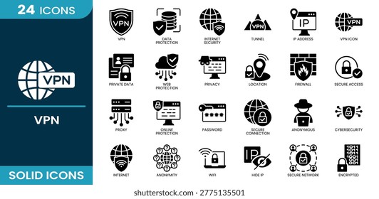 VPN icon set. vpn, data protection, internet security, tunnel, ip address, vpn icon, secure access, firewall, privacy, proxy, encrypted, secure connection, anonymous, cybersecurity, private data, web protection, location, password, hide ip, internet, wifi, anonymity, secure network, online protection. Solid vector icons collection.