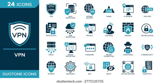 VPN icon set. vpn, data protection, internet security, tunnel, ip address, vpn icon, privacy, web protection, firewall, proxy, encrypted, secure connection, anonymous, cybersecurity, private data, location, password, hide ip, internet, wifi, anonymity, secure network, online protection, secure access. Duotone vector icons collection.