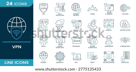 VPN icon set. vpn, data protection, internet security, tunnel, ip address, vpn icon, private data, web protection, privacy, location, firewall, secure access, proxy, online protection, password, secure connection, anonymous, cybersecurity, internet, anonymity, wifi, hide ip, secure network, encrypted. Line vector icons collection.
