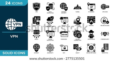 VPN icon set. vpn, data protection, internet security, tunnel, ip address, vpn icon, secure access, firewall, privacy, proxy, encrypted, secure connection, anonymous, cybersecurity, private data, web protection, location, password, hide ip, internet, wifi, anonymity, secure network, online protection. Solid vector icons collection.