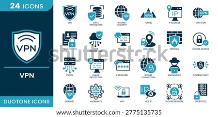VPN icon set. vpn, data protection, internet security, tunnel, ip address, vpn icon, privacy, web protection, firewall, proxy, encrypted, secure connection, anonymous, cybersecurity, private data, location, password, hide ip, internet, wifi, anonymity, secure network, online protection, secure access. Duotone vector icons collection.