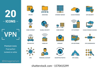 Vpn icon set. Include creative elements , archiving, site security, home server, cloud storage hacking icons. Can be used for report, presentation, diagram, web design.