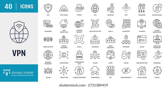 VPN icon set. Includes secure connection, cybersecurity, privacy, encrypted, proxy, firewall, online protection and more. Vector illustration with editable strokes