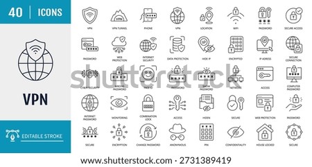 VPN icon set. Includes secure connection, cybersecurity, privacy, encrypted, proxy, firewall, online protection and more. Vector illustration with editable strokes