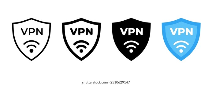 VPN-Symbolsatz. Vektorgrafik des virtuellen privaten Netzwerks. Piktogramm für Wi-Fi-Verbindung. Websicherheitssymbol. Firewall-Verschlüsselungsprotokollzeichen. Web-Server-Schutz isoliertes Konzept.