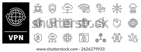 VPN icon set. Virtual private network, VPN thin line vector icons. Internet privacy related icons. Secure connection, cybersecurity, privacy, encrypted, proxy, firewall, online protection
