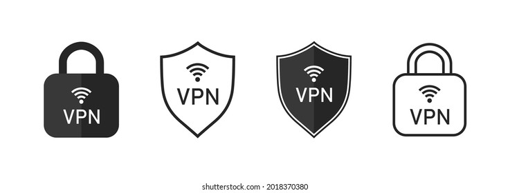 Vpn icon. Shield and lock with vpn icon. Safe for wifi and server. Logo for protect of private network. Set of line symbol of connection. Sign of web protection, encryption, authentication. Vector.