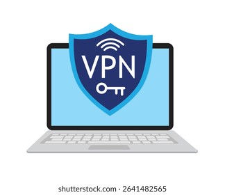 VPN icon shield on laptop. Virtual private network