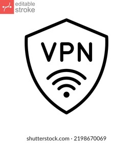 Vpn Icon. Virtual Private Network Internet Security. Simple Shield With Protection Wi-fi. Active Safety. Firewall. Outline Style Editable Stroke. Vector Illustration Design On White Background. EPS 10