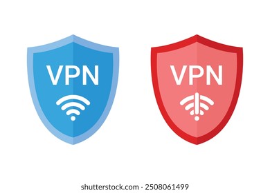 VPN icon Wireless shield wifi and no vpn icon sign. flat design set. Wifi internet signal symbols security shield isolated. Vector illustration