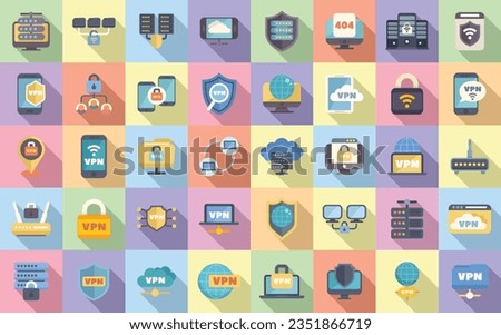 VPN icons set flat vector. Shield data. Key private