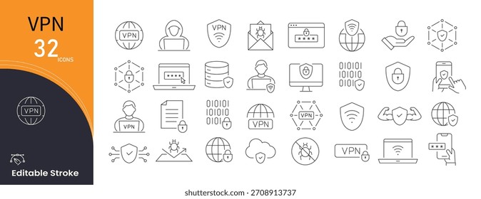 Ícones de VPN definidos para privacidade, criptografia, segurança, proteção, túnel e navegação segura. Traçado editável. Contornar ícones.