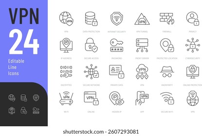 VPN Line Editable Icons set. Vector illustration in modern thin line style of technology related icons: online security and privacy, firewall, password, and more. Isolated on transparent background.