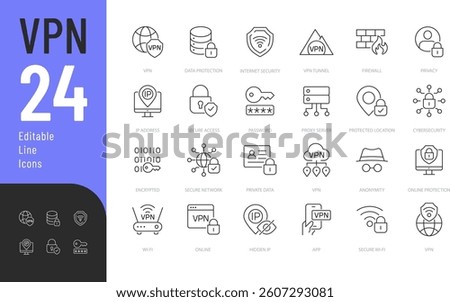 VPN Line Editable Icons set. Vector illustration in modern thin line style of technology related icons: online security and privacy, firewall, password, and more. Isolated on transparent background.