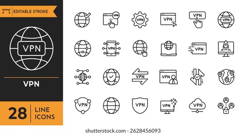 VPN line icon set. Containing secure connection, cybersecurity, privacy, encrypted, proxy, firewall, online protection and more. Editable stroke. Vector illustration	
