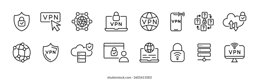 VPN line icon set. Virtual private network icons. Vector.