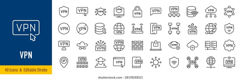 VPN line icons in editable stroke style. Virtual private network, cybersecurity, privacy, encryption, secure connection, remote access, internet security collection. Editable stroke. Vector