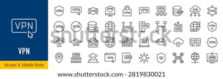 VPN line icons in editable stroke style. Virtual private network, cybersecurity, privacy, encryption, secure connection, remote access, internet security collection. Editable stroke. Vector