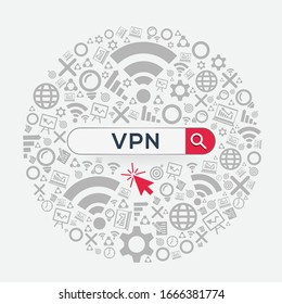 Medio VPN (red privada virtual) Word escrito en la barra de búsqueda, ilustración vectorial.