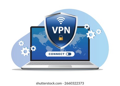 VPN Network Connection with Global Map and Toggle Button. Anonymous Browsing, Cybersecurity, and Data Privacy Flat Vector Illustration
