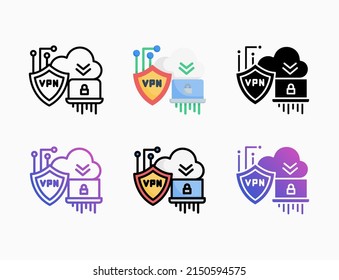 VPN network icon set with line, outline, flat, filled, glyph, color, gradient. Editable stroke and pixel perfect. Can be used for digital product, presentation, print design and more.