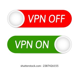 Iconos VPN encendidos, VPN desactivada. Botones rojos y verdes. Conéctate y desconecta. Conexión segura. Red privada virtual. VPN habilitada, VPN deshabilitada