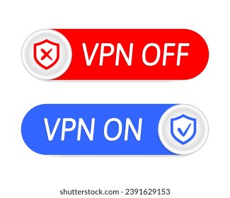VPN on, VPN off icons. Red and blue buttons. Connect and disconnect. Secure connection. Virtual private network. VPN enabled, VPN disabled	
