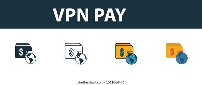 Vpn Pay icon set. Four elements in diferent styles from icons collection. Creative vpn pay icons filled, outline, colored and flat symbols.