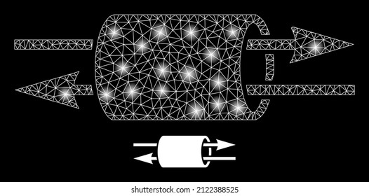 VPN pipe icon and glowing mesh net VPN pipe model with glowing spots. Illuminated model is done from VPN pipe vector icon and triangle mesh. Flare carcass VPN pipe, on a black background.