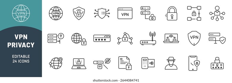 Conjunto de iconos de privacidad VPN: Internet seguro, cifrado de datos, ciberseguridad, navegación anónima, firewall, escudo, bloqueo, símbolos de protección de red en estilo de línea moderno