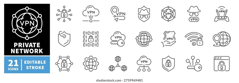 Vpn private network outline icon set with editable stroke in modern thin line style