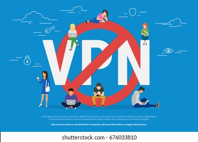 VPN prohibition concept vector illustration of young people using laptop and smartphone via virtual private networks. Flat people near red symbol of blocking vpn services, securely access and privacy