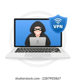 Vpn protection against hacker attacks. Hacker, cybercriminal with a laptop stealing user's personal data. Internet phishing concept. Virtual private network connectivity overview. Vector illustration