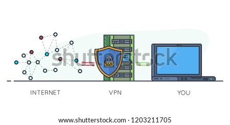 VPN protection. Line style laptop connected to protected vpn server. VPN server with shield connect to internet. Online secure connection. Computer virtual private network. Web security scheme.